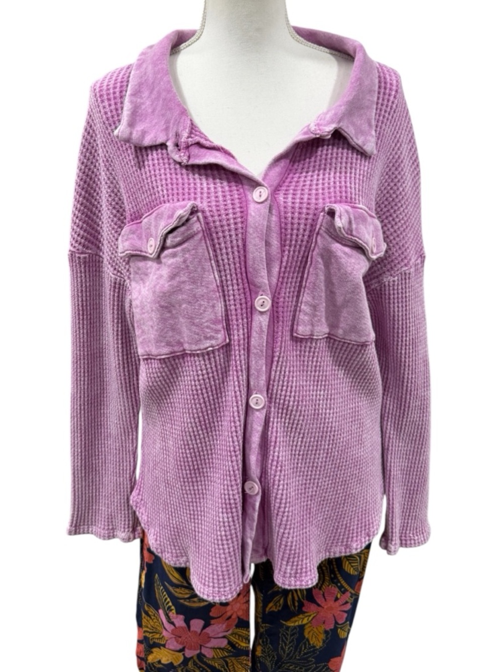 Bucket List Kayla Waffle Knit Shacket In Washed Fuchsia - Picture 8 of 15